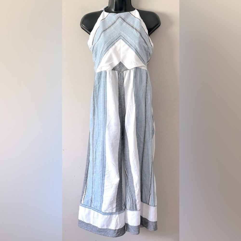 Halter Wide-Leg Jumpsuit in Light Blue & White